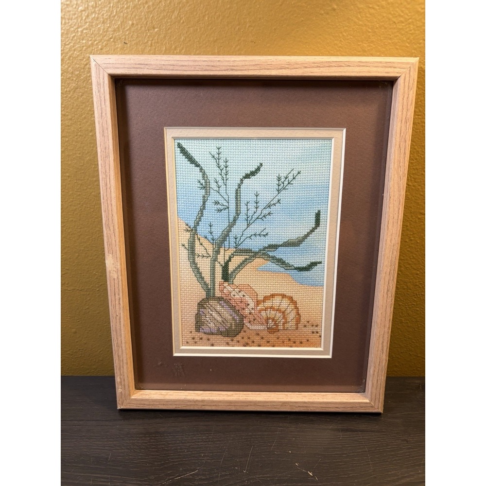 Vintage Cross Stitch Brown & White Conch Sea Shell Framed Lake Beach Coastal